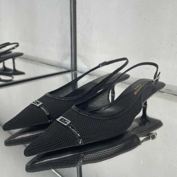 Saint Laurent Black Mesh Oxalis Buckle Slingback Kitten Heel Shoes Size 38 NIB - Picture 1 of 16